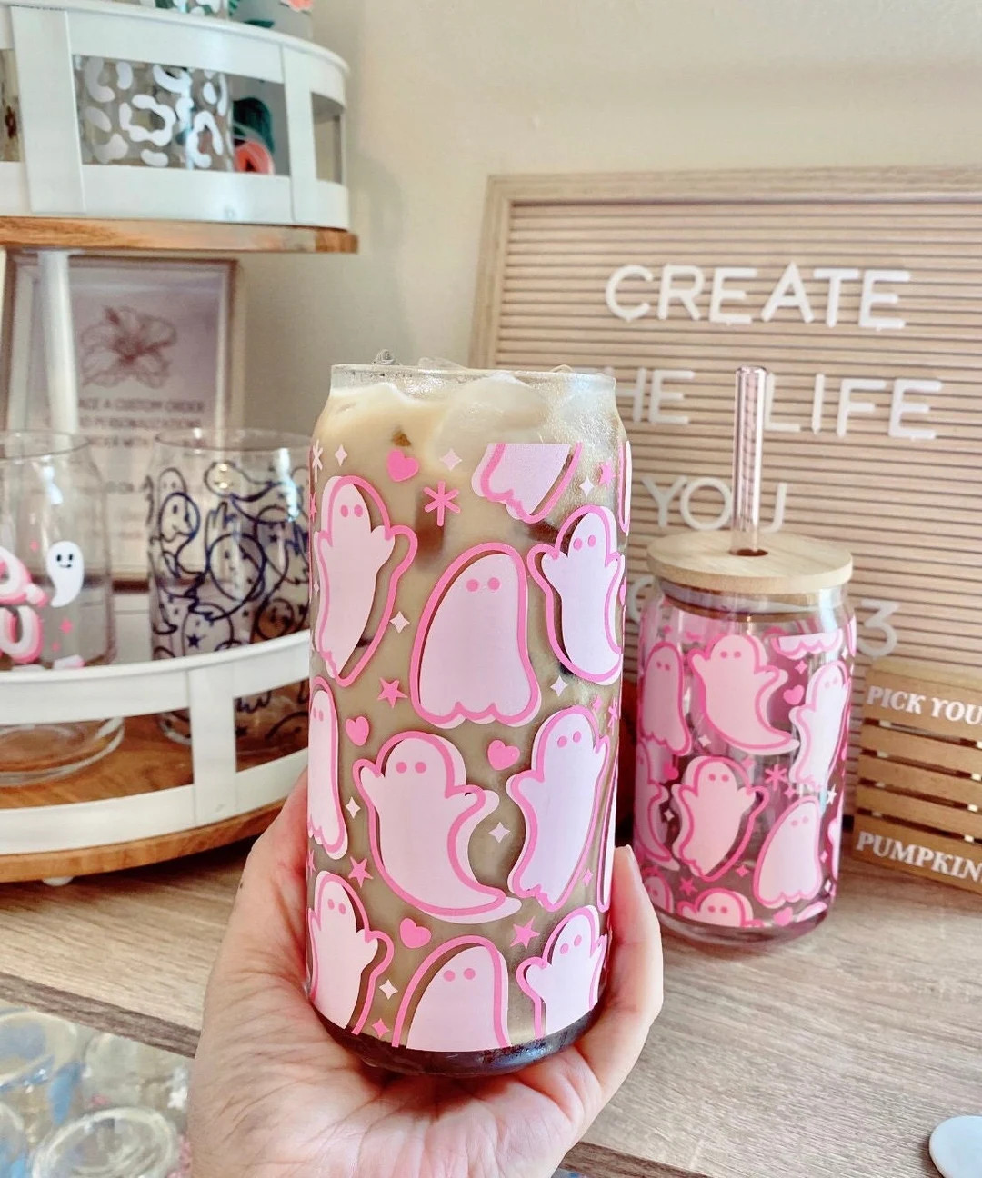 Cute Pink Ghosts Beer Can Glass, Iced Coffee Glass, 16oz 20oz Libbey Glass, Bamboo Lid, Fall Glas... | Etsy (US)