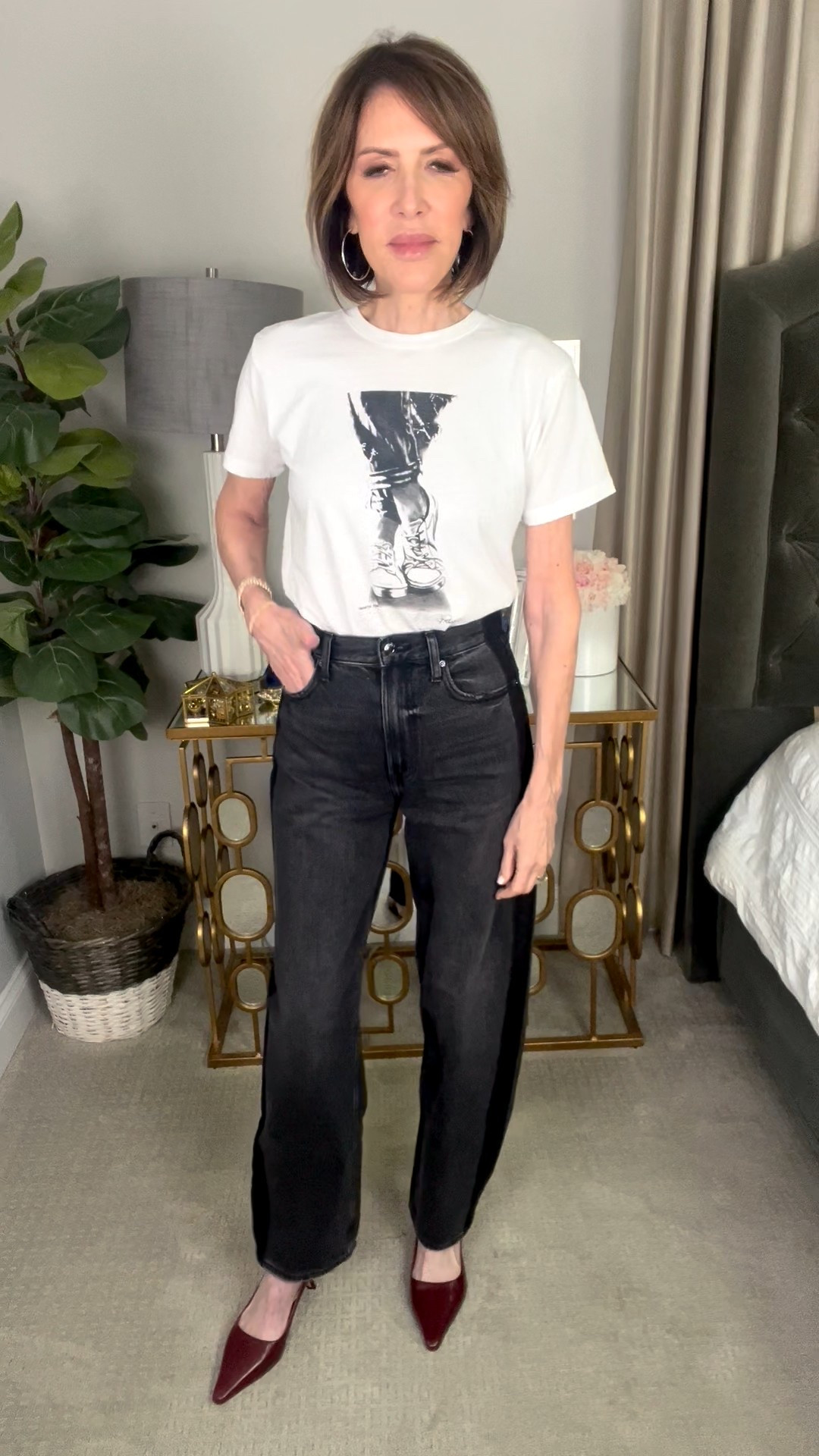 graphic tee, barrel jeans, track pant jeans, red heels, fall outfit, over 50 outfits 

#LTKOver40 #LTKFindsUnder100 #LTKSeasonal