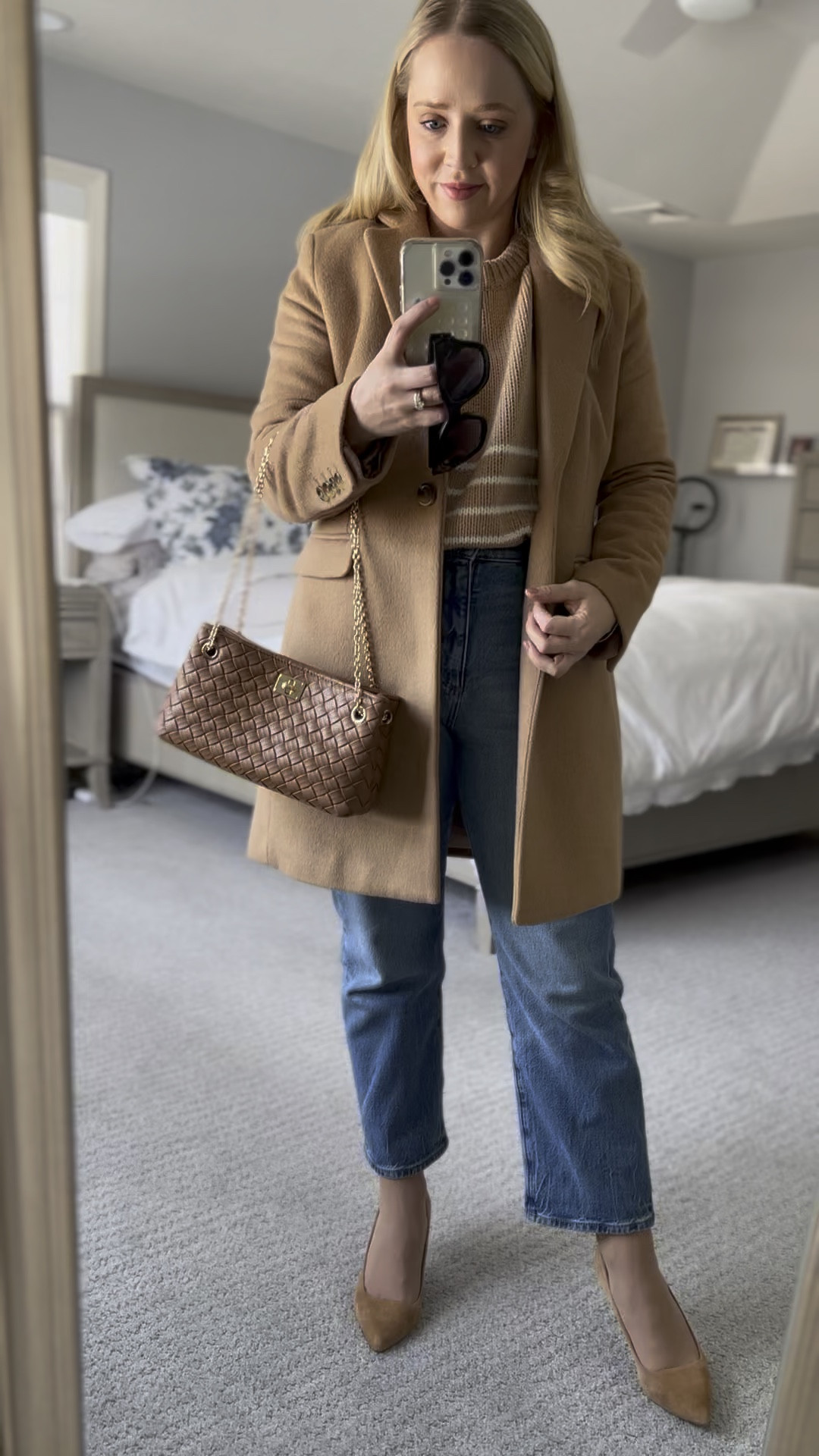 What I wore to Valentine’s Day brunch! Exact coat in petite sizes, fits tts. Straight jeans in petite fit tts. Exact bag. Similar striped sweaters and heels. 
Spring outfit, spring fashion, petite, petite outfit, petite jeans 

#LTKPetite #LTKWatchNow #LTKSaleAlert