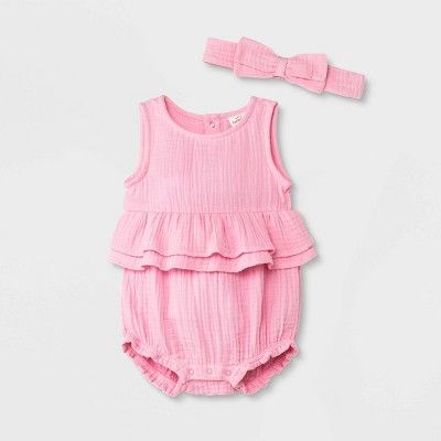 Baby Girls&#39; Gauze Romper with Headband - Cat &#38; Jack&#8482; Pink 3-6M | Target