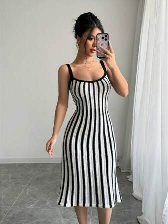 SHEIN Essnce Modisches, vielseitiges, gestreiftes Cami Kleid aus französischer Wolle | aktuelle ... | SHEIN