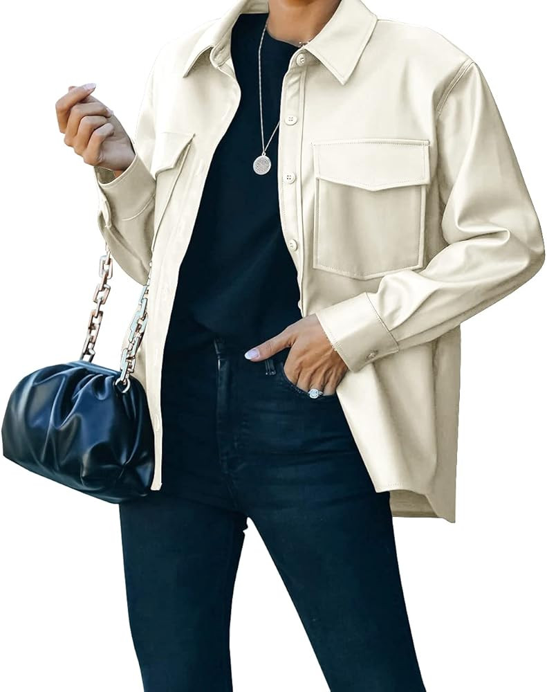FERNGIRL Womens Button Front Faux PU Leather Jacket Shacket Casual Shirt Long Sleeve Blazer Coat ... | Amazon (US)