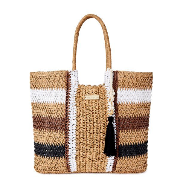 Time and Tru Women's Raffia Bondi Tote Bag Black Multi - Walmart.com | Walmart (US)