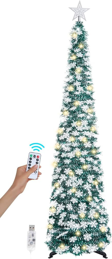 6 FT Pop Up Christmas Tree with 100 LED Timer Lights & Remote, Green Collapsible Christmas Tinsel... | Amazon (US)
