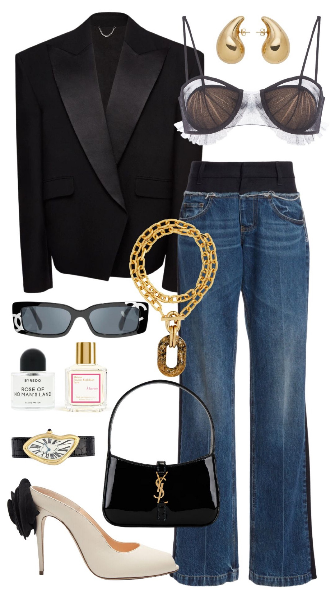 nensi dojaka bralette 
stella mccartney jeans 
magda butrym blazer 
magda butrym heels 
saint laurent bag 
chanel sunglasses 
cartier crash watch 
paco rabanne necklace 
byredo rose of no man’s land 
MFK a la rose perfume 
bottega veneta earrings 

#LTKshoecrush #LTKSeasonal #LTKstyletip