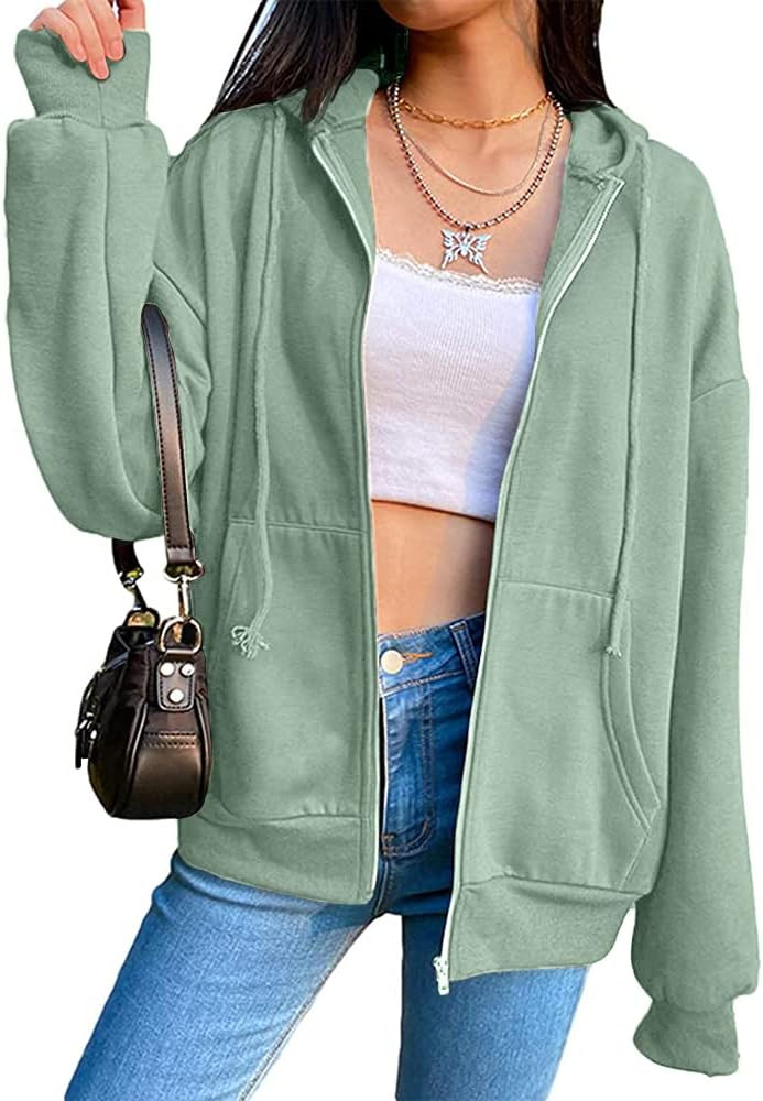 Bwogeeya Women's Hooded Sweatshirts Casual Long Sleeve Oversized Hoodies Zip Up Jackets with Pock... | Amazon (US)
