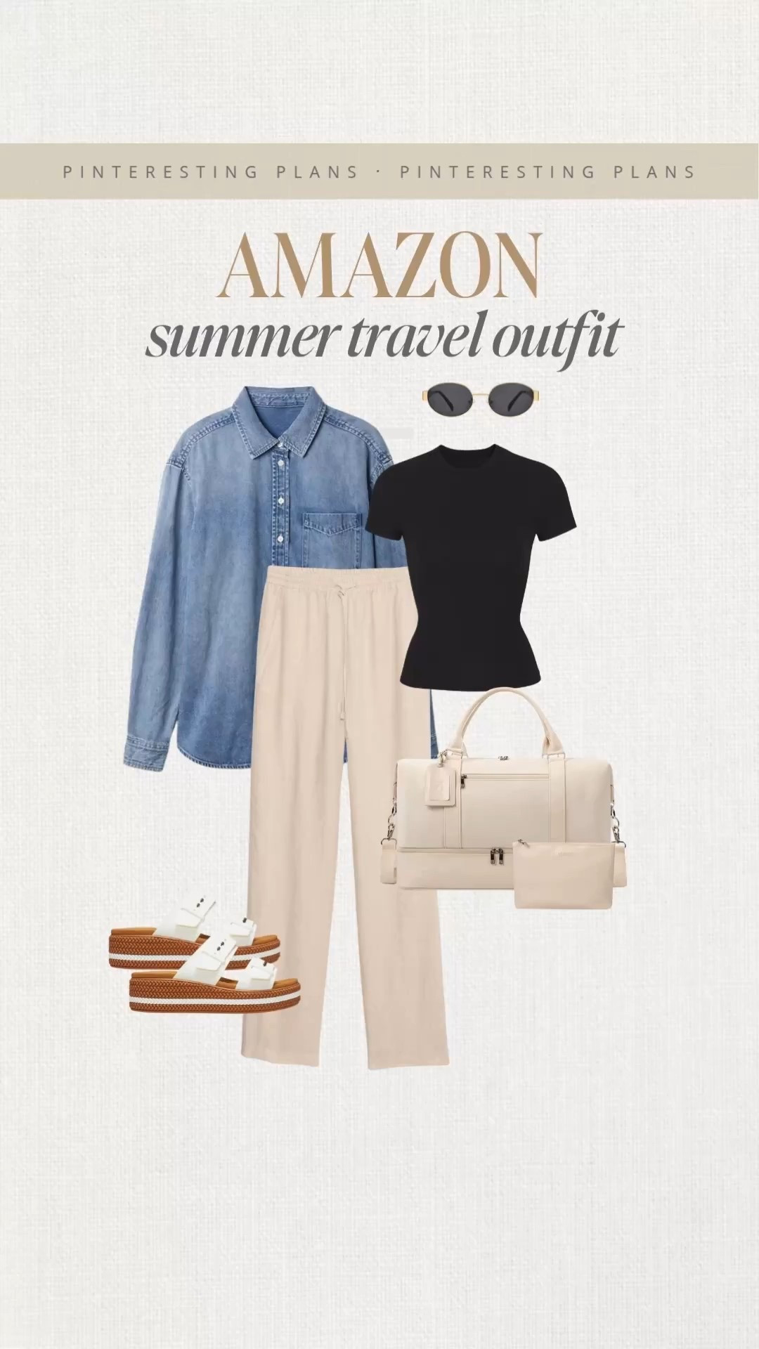 Amazon summer travel outfit 🙌🏻🙌🏻 Chambray shirt, cotton pants, t shirt, da ds, duffel bag, summer style

#LTKStyleTip #LTKTravel #LTKSeasonal