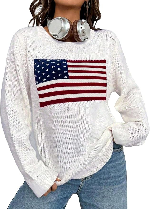 MARZXIN Womens Casual Sweater Long Sleeve Round Neck American Flag Loose Pullovers | Amazon (US)