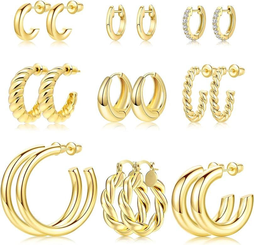 Adoyi Gold Hoop Earrings Set for Women Gold Twisted Huggie Hoops Earrings 14K Plated for Girls Gift  | Amazon (US)