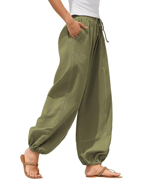 ZAFUL Women Casual Linen Pants Lightweight Drawstring Elastic Waist Lounge Beach Summer Pants wit... | Amazon (US)