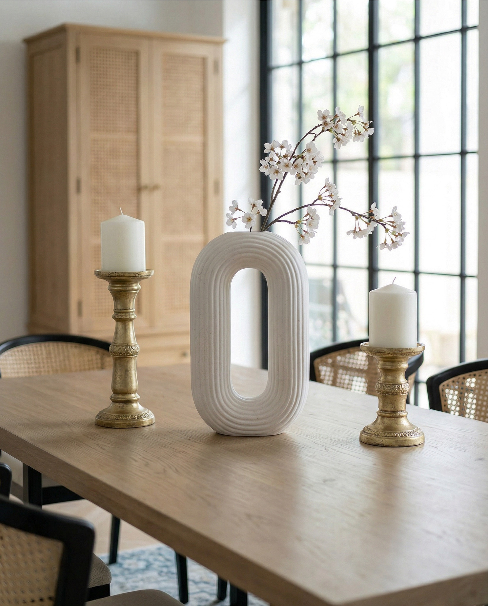 Wood Dining Table
Black upholstered dining  Chairs 
Wood console table
Brass table lamp 
White ceramic vase
Brass candle holders
Blue wall art
Neutral modern wall art
Brass wall sconce 
Wood cabinets 
Blue traditional pattern rug
Blue wall paper
Tall ceramic vase
Black decor bowl 

#LTKSaleAlert #LTKHome