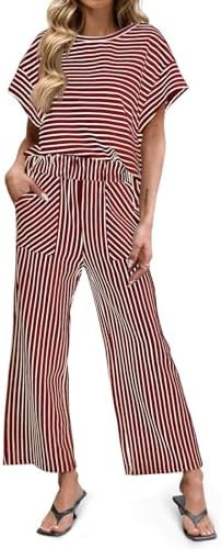 Tankaneo Womens Striped 2 Piece Sets Short Sleeve T Shirts Wide Leg Pants Matching Lounge Set wit... | Amazon (US)