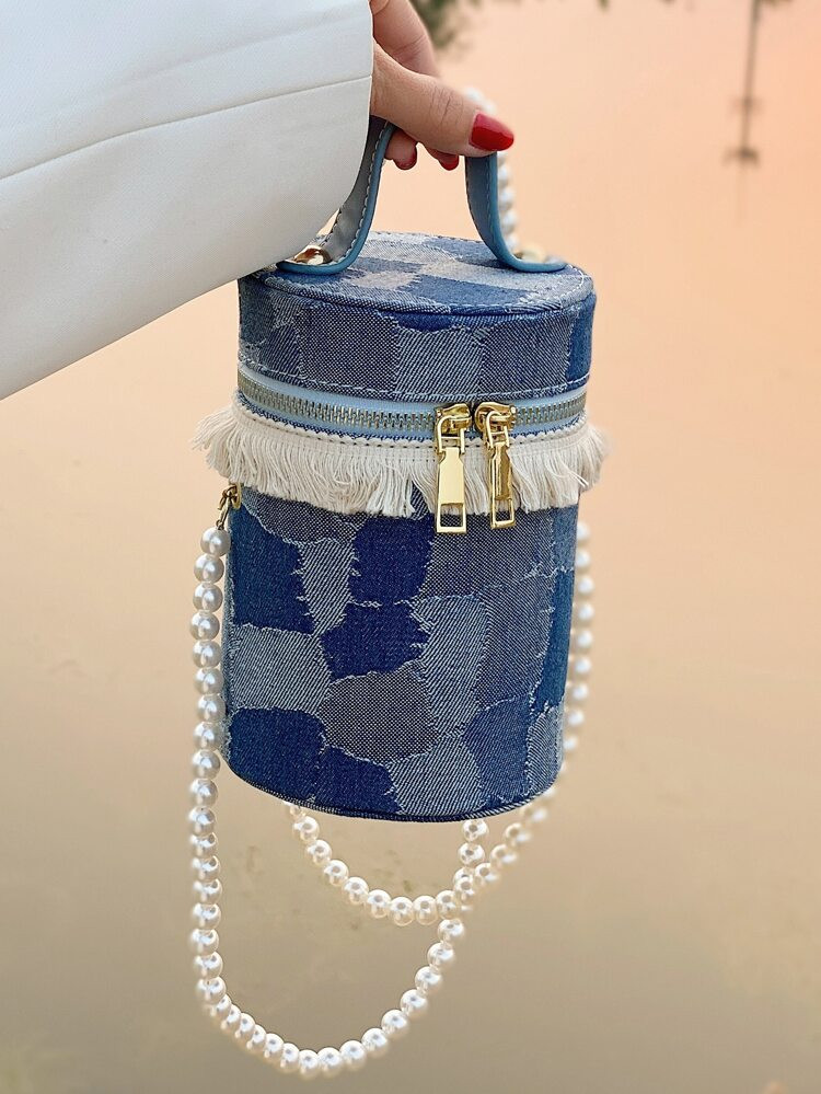 Faux Pearl Decor Denim Satchel Bag | SHEIN