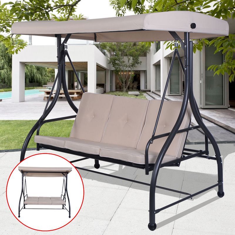 Costway Converting Outdoor Swing Canopy Hammock 3 Seats Patio Deck Furniture beige | Target