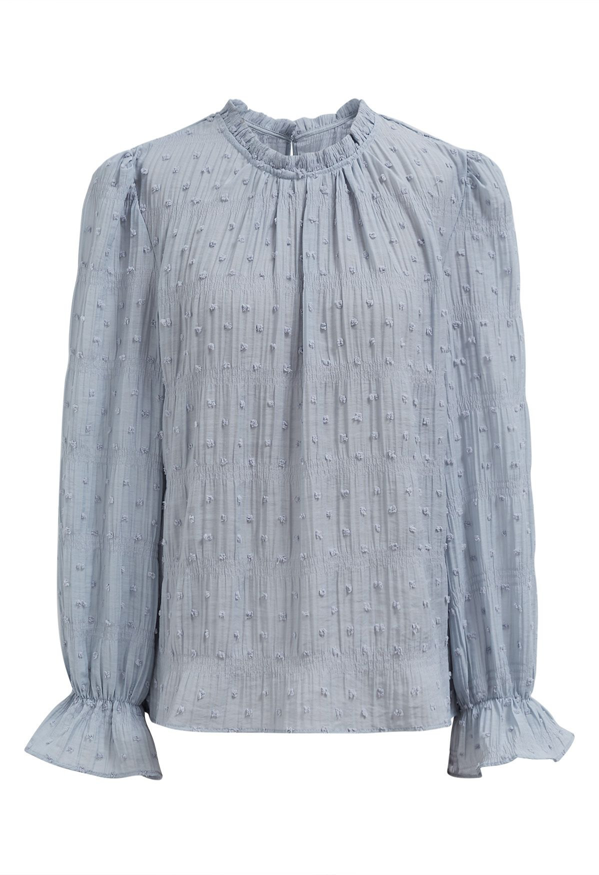 Flock Dot Trim Puff Sleeves Top in Blue | Chicwish