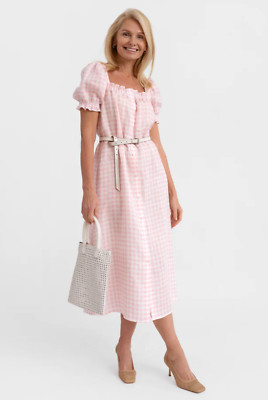 SLEEPER Midi Linen Dress Brigitte in Pink Vichy sz L button front belted  | eBay | eBay US