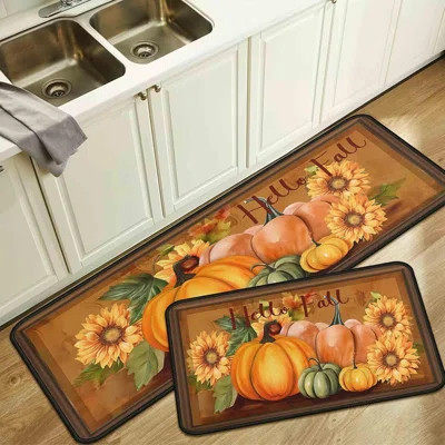 Hello Fall Pumpkin Decorative Kitchen Rugs Set Of 2,Thanksgiving Autumn Pumpkin Front Door Mat Floor Rug For Fall Home Holiday Party Decor 17"X47"+17 | Wayfair North America