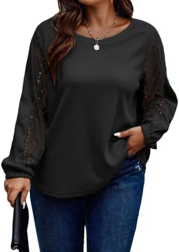 Eytino Womens Plus Size Tops Lace Long Sleeve Waffle T Shirts Casual Crewneck Tunic Tops(1X-5X) | Amazon (US)