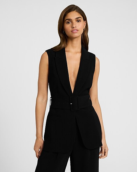 Signature Crepe Long Belted Blazer Vest | Express