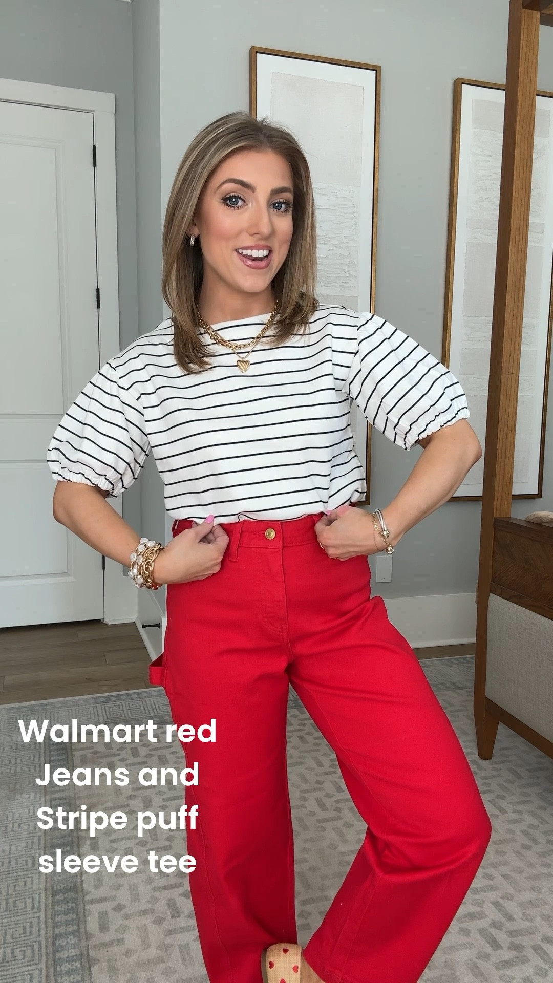Obsessed with this classic-meets-fun outfit ❤️ The striped puff sleeve tee is such a flattering basic and pairs perfectly with these bold red straight leg jeans. Both are Walmart new arrivals that feel way more expensive than they are. Easy outfit idea that works now and all spring long. Go down a size in the pants. And can we talk about how adorable these raffia embroidered heart flats are?! 😍

#WalmartFashionFinds #WalmartNewArrivals #AffordableOutfits #EverydayStyle #SpringStyleInspo #LTKStyle