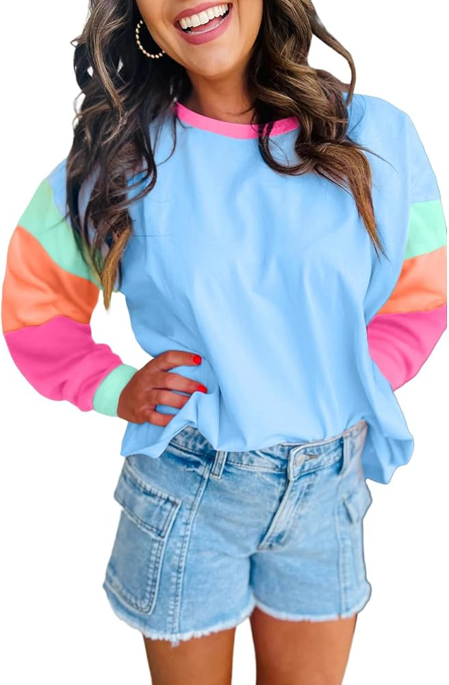 SELINK Womens Long Sleeve T Shirts Loose Fit Casual Fall Tops Trendy Colorblock Oversized Tshirts | Amazon (US)