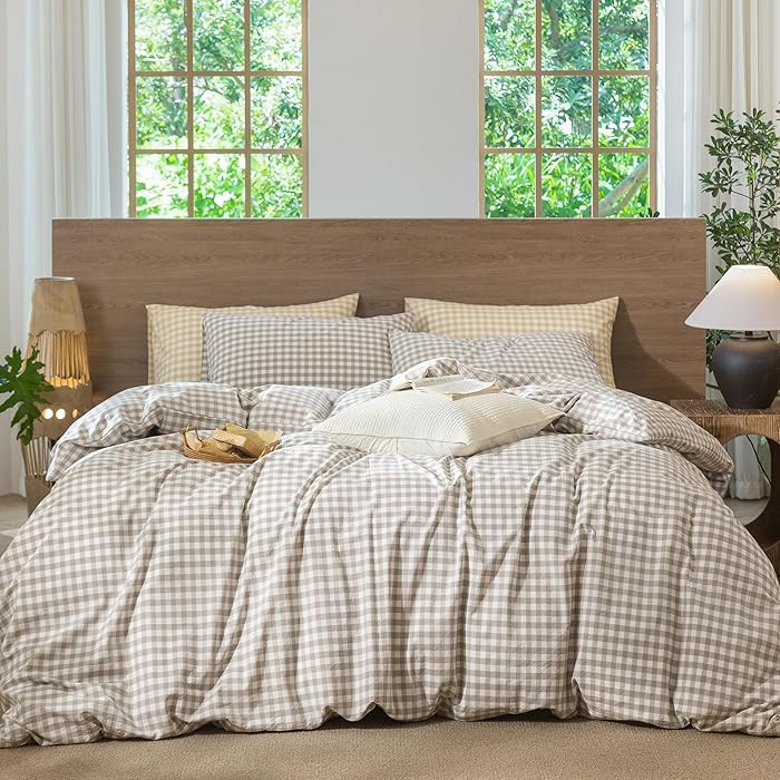 MooMee Gingham Duvet Cover Set 100% Washed Cotton Linen Like Textured Breathable Durable Soft Com... | Amazon (US)