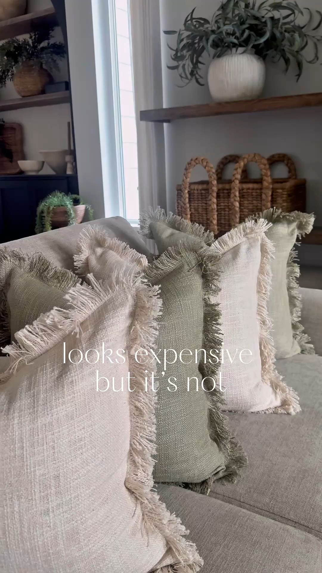 $12 cushion covers! 
These are a slub weave textured cover.. so pretty!! And so affordable 👏👏
These are the  ivory and sage colors
