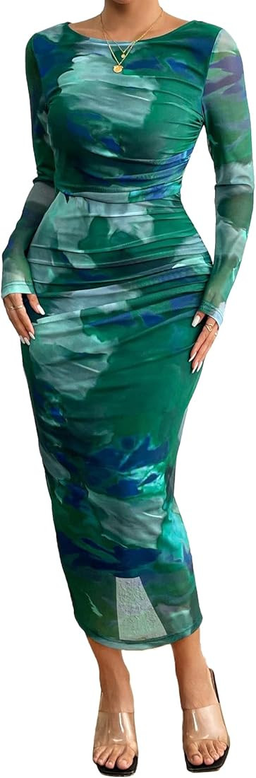 Bodycon Dresses for Women Fall Long Sleeve Floral Print Tight Fitted Party Club Ruched Maxi Dress... | Amazon (US)