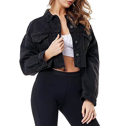LONGYIDA Women's Jean Jacket Button Down Cropped Frayed Denim Jacket Long Sleeve Distressed Black Jean Coat for Women(Black,XL) | Amazon (US)