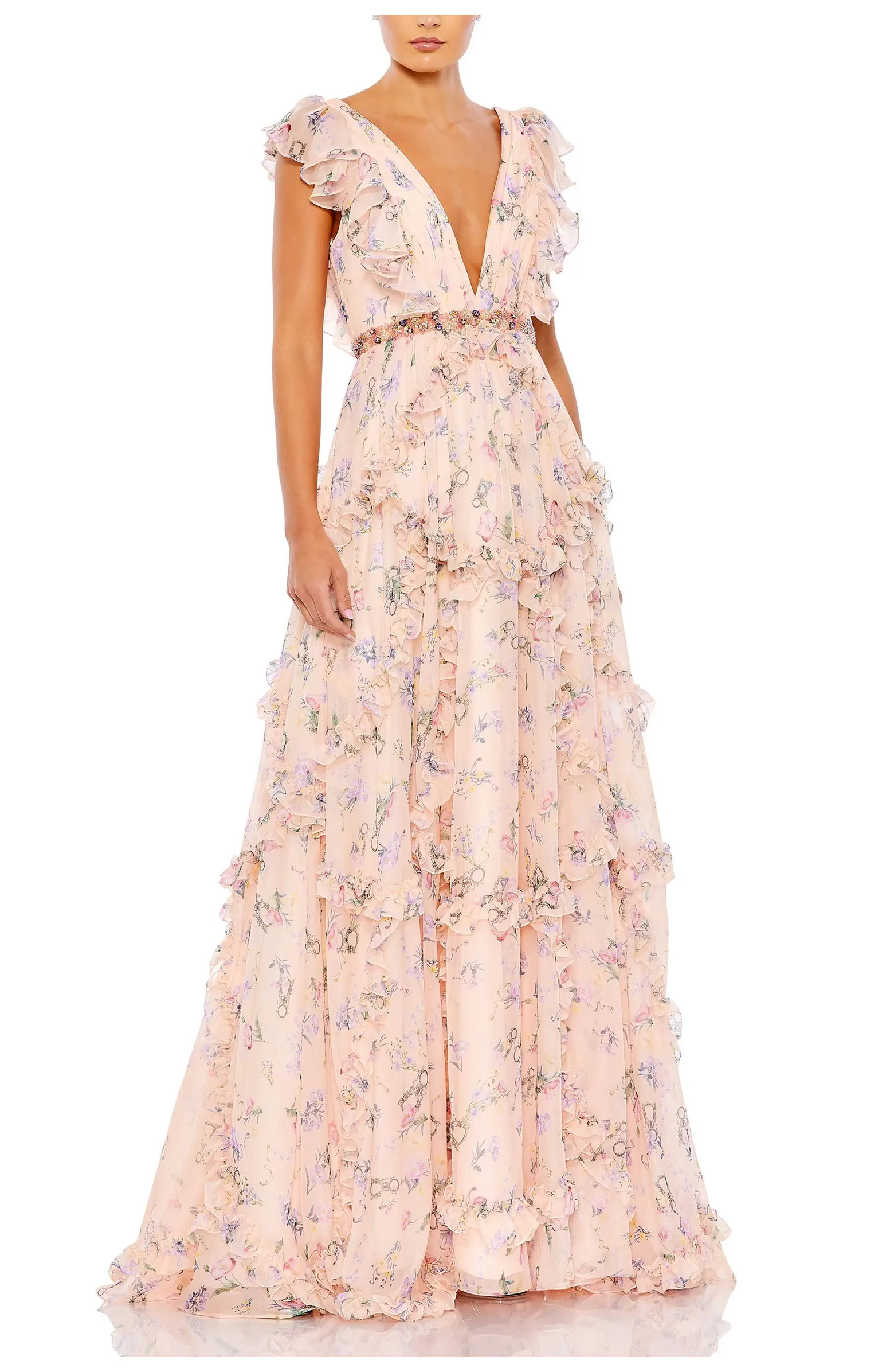 Floral Print Cap Sleeve Ruffle Gown | Nordstrom