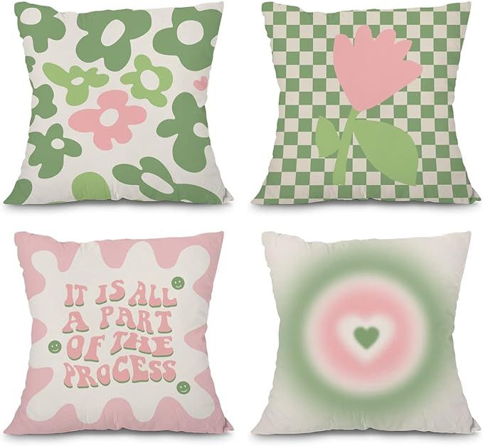heilkee Danish Pastel Room Decor Aesthetic Green and Pink Throw Pillow Covers Set of 4 Decorative... | Amazon (US)