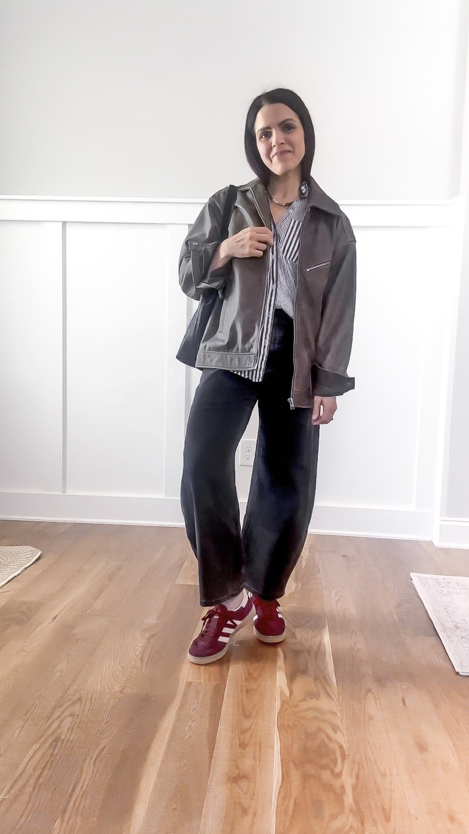 Daily look 5.12 // burgundy @adidas sneakers: tts | striped button down: old @Target, linked similar | barrel jeans: Everlane, 25 | leather bomber jacket: @Quince, XS

#LTKootd #LTKgrwm