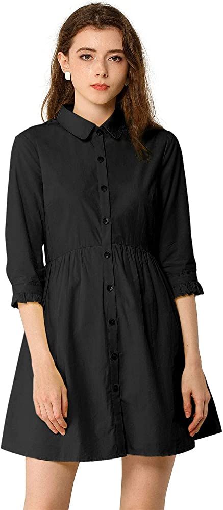 Allegra K Women's Casual Shirt Dress Ruched 3/4 Sleeve Button Up Mini Dresses | Amazon (US)