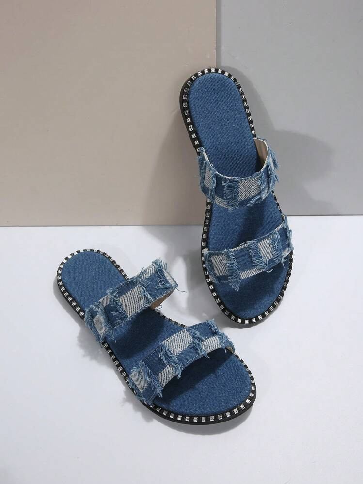 Women Fabric Edging Round-Toe Slippers Flat Heel Casual Beach Slip-Ons For Summer 2024 | SHEIN