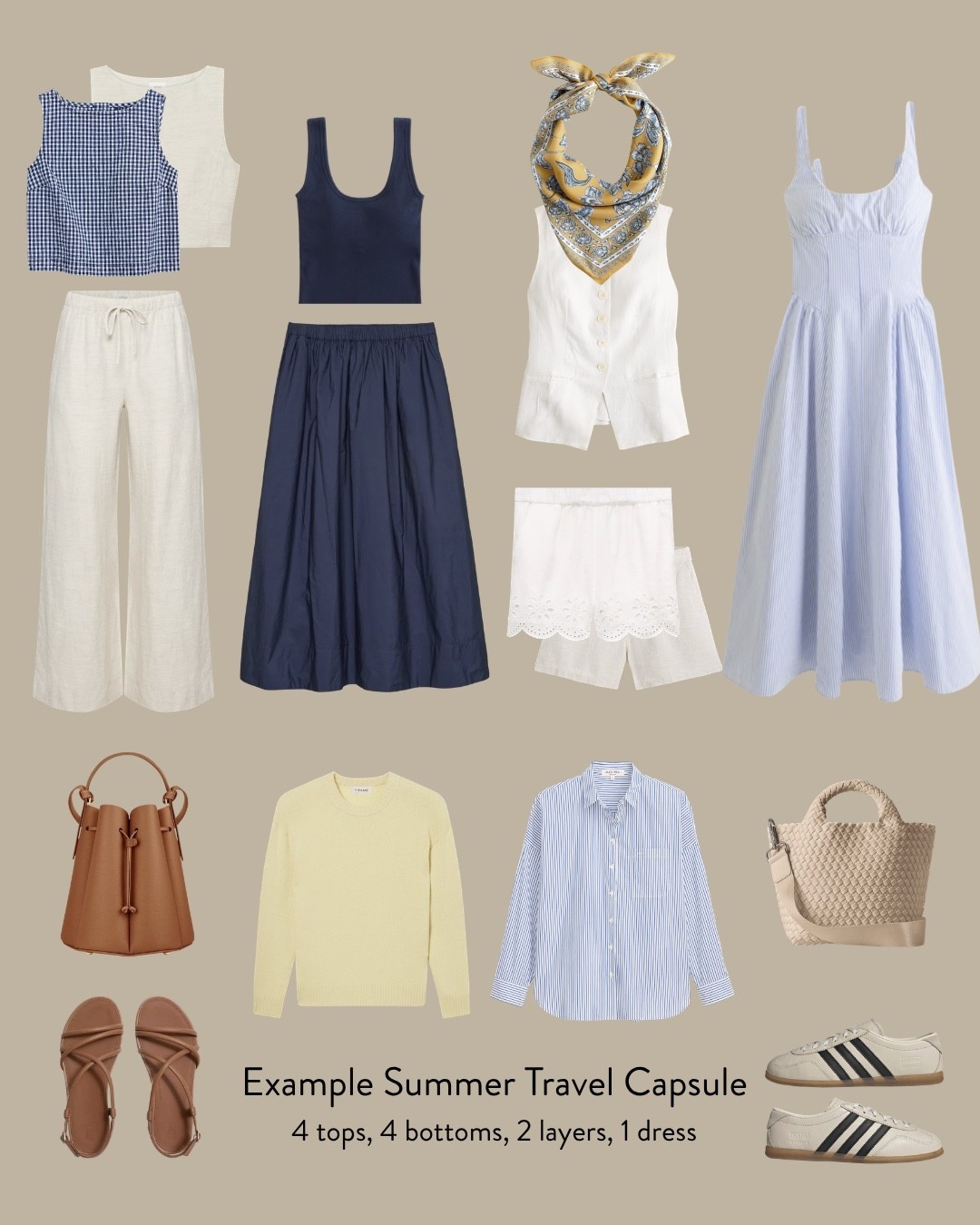 Summer travel capsule where everything can be mixed and matched. Linked some alternate neutral shoes as well.  
• Gap linen crop tops I take xxs regular. Also have one in XS petite which is very cropped to wear with skirts 
• Aritzia linen pants 2XS Short 
• cotton poplin skirt 2XS great quality, petite friendly maxi length, lined 
• Abercrombie cotton built in bra tank tops 
• Jcrew linen vest 00 + shorts xxs 
• Madewell linen shorts 00, TTS 
• Abercrombie built in bra dress XXS petite 
• Quince butter yellow sweater XS 
• old navy oversized cotton shirt xs petite 
• Fit Flop Gracie strappy sandals 5 
• Adidas Gazelle sneakers size 5
• Naghedi small tote 
• Polene tan bag, linked a look for less 

summer capsule wardrobe, europe italy trip outfit ideas, petite summer vacation style

#LTKPetite #LTKTravel #LTKSeasonal #LTKPetite #LTKTravel #LTKootd