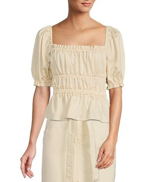 Attia Sateen Square Neck Ruched Short Puff Sleeve Peplum Blouse | Dillard's