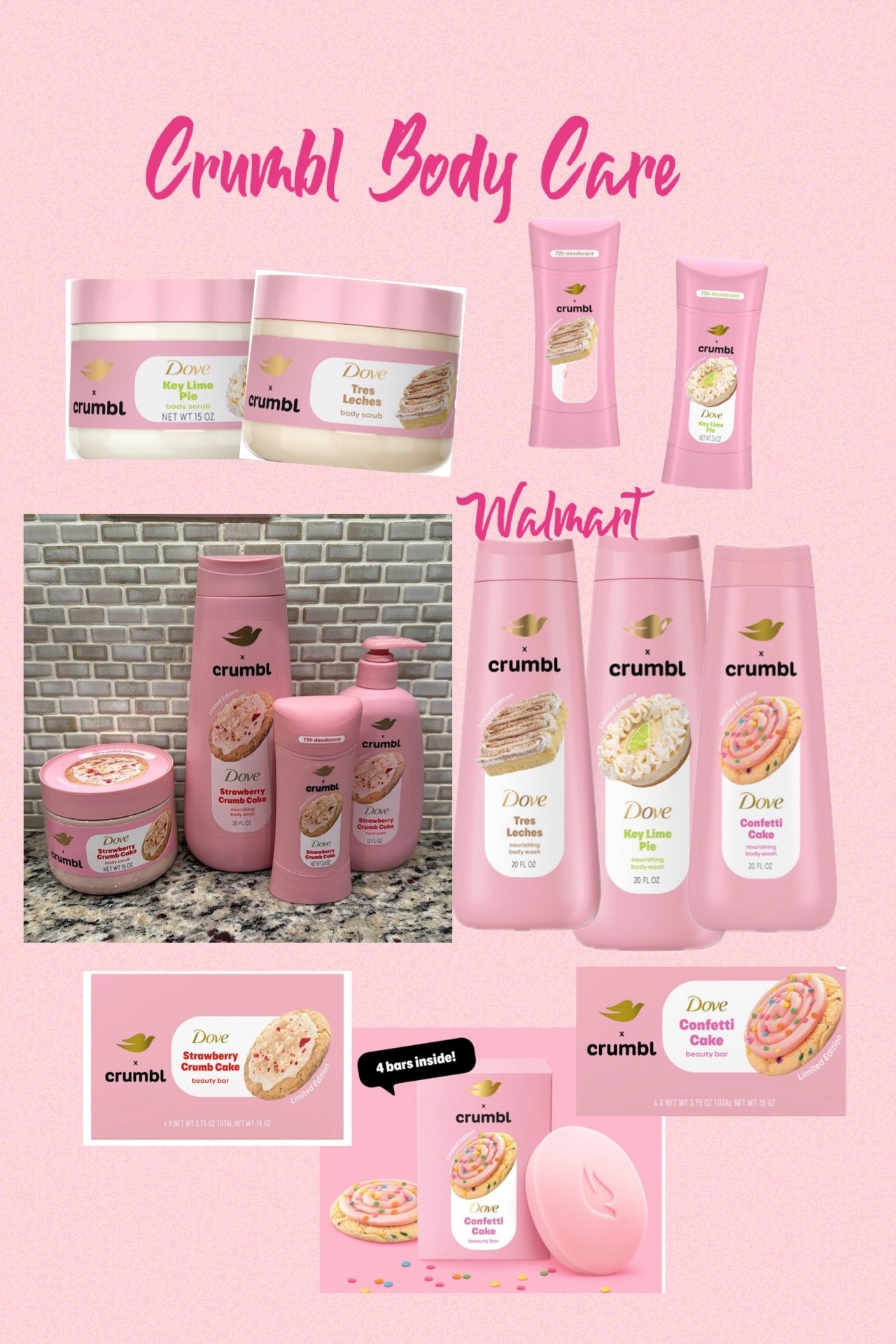 Crumbl body wash, soaps, deodorant and body scrubs at Walmart! Smells amazing and leaves skin feeling refreshed! 