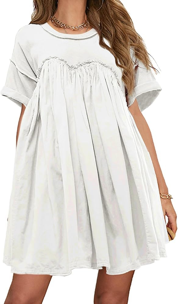 Meladyan Women Babydoll Mini Dress Pleated Tiered Crew Neck Short Sleeve Dresses Casual Solid Tun... | Amazon (US)