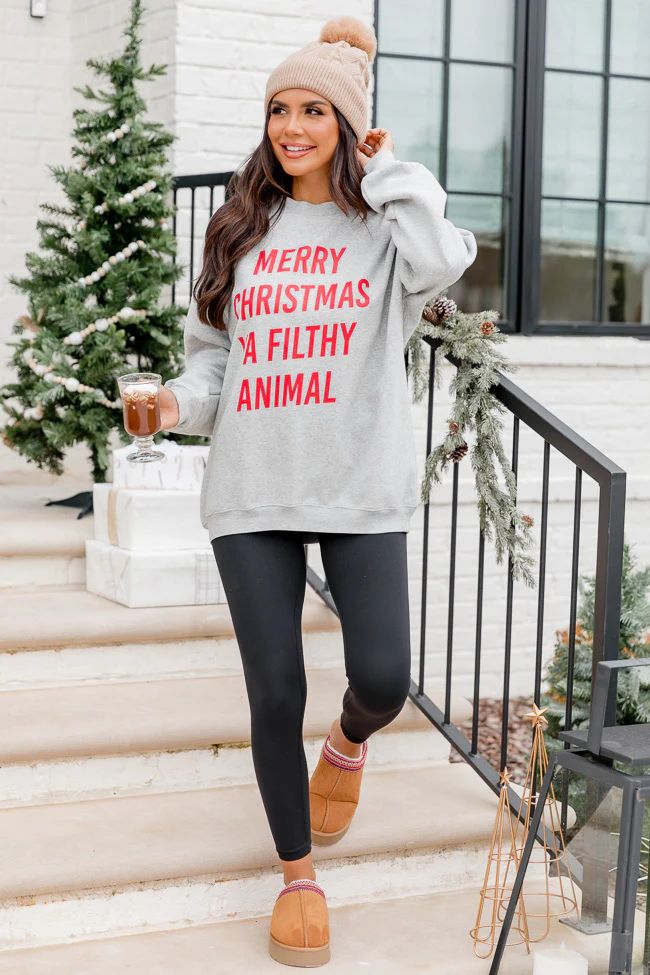 Merry Christmas Ya Filthy Animal Grey Oversized Graphic Sweatshirt | Pink Lily