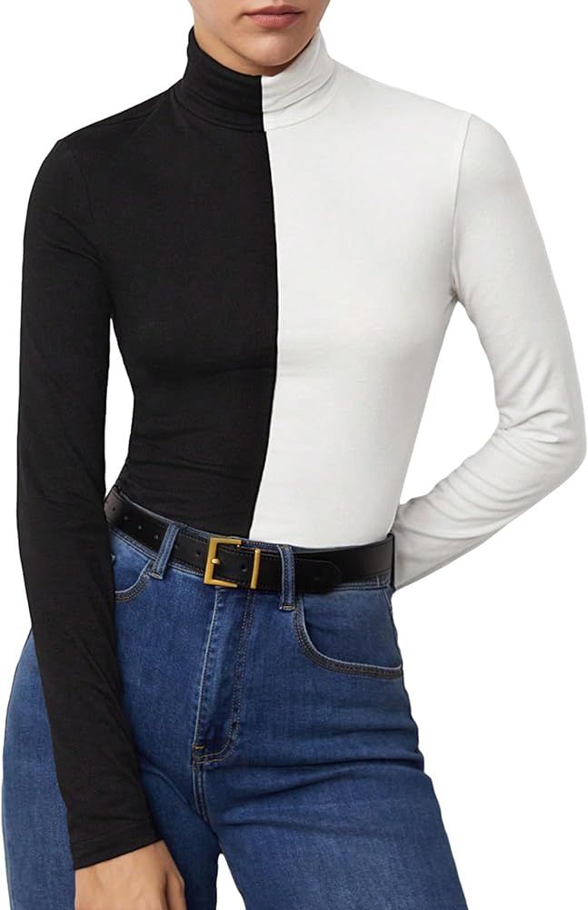Verdusa Women's Colorblock Turtleneck Long Sleeve T Shirt Casual Tee Tops | Amazon (US)