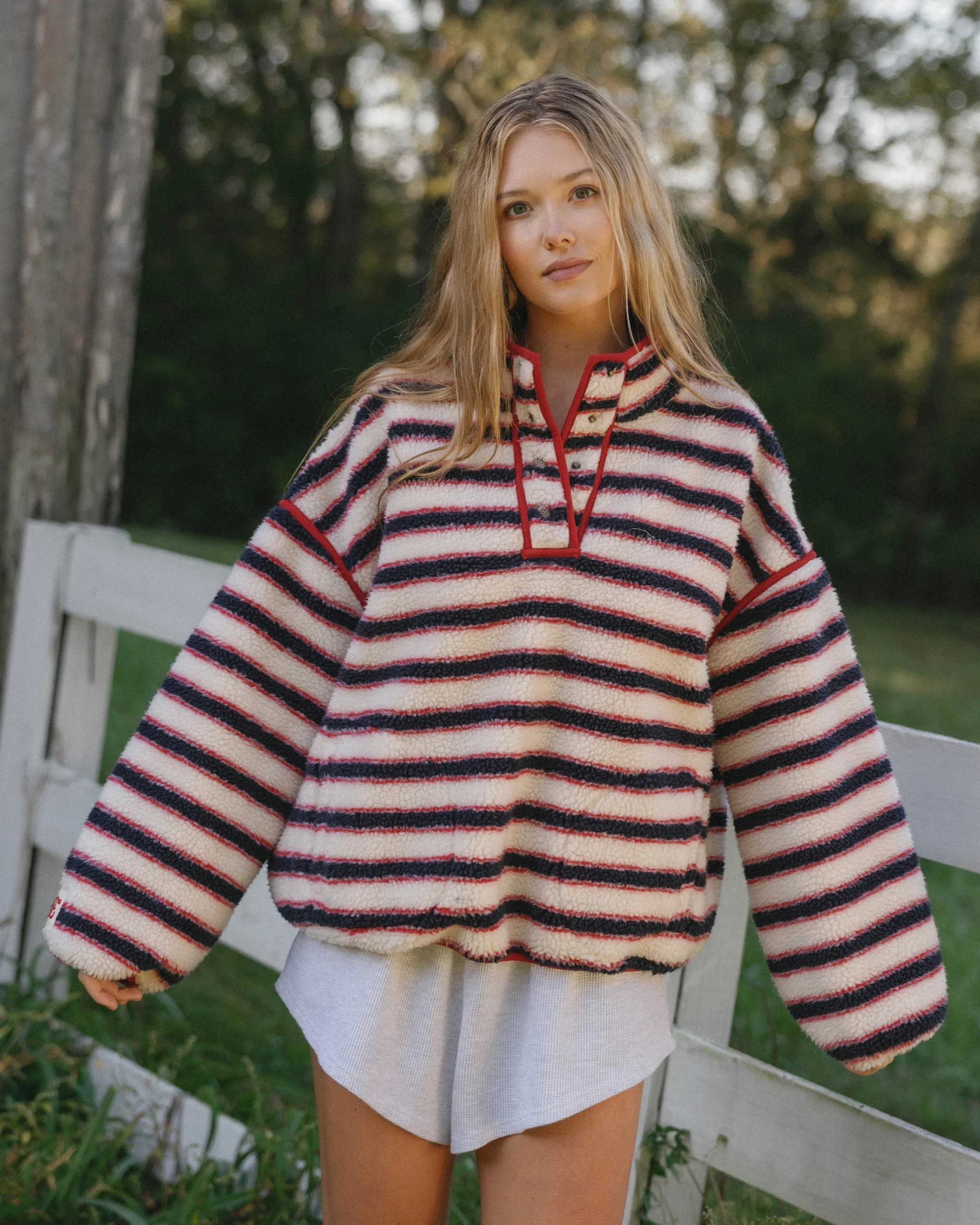 Striped Fleece Pullover in Navy and Red Stripe | Eleven Eleven