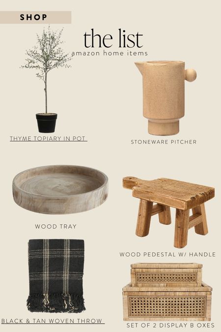 Amazon home: Topiary, stoneware pitcher, wood pedestal, wood tray, throw blanket, display boxes 

#LTKhome