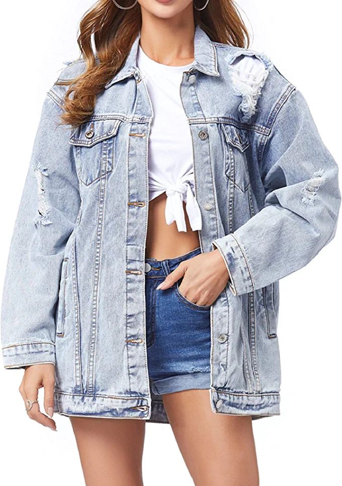 JudyBridal Oversize Denim Jacket for Women Ripped Jean Jacket Boyfriend Long Sleeve Coat | Amazon (US)