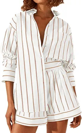 Tankaneo Womens 2 Piece Outfits Striped Set Matching Sets Women Clothing | Long Sleeve, Button Do... | Amazon (US)