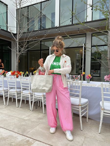 Spring / summer ootd 💗👗 Pink parachute pants (size down one or two times) with graphic tee and button down 

#LTKstyletip #LTKfindsunder100