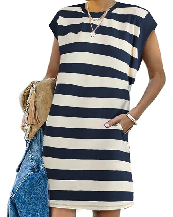 AlvaQ Womens Striped Summer Dresses 2025 Crewneck Cap Sleeve Color Block Casual A Line Tshirt Dre... | Amazon (US)
