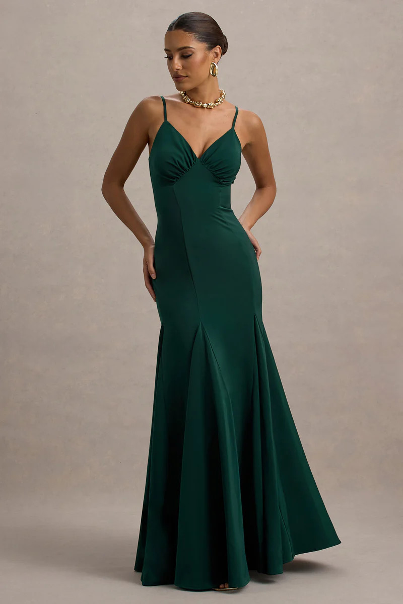 Ashly | Bottle Green Satin Maxi Dress With Volume Hem | Club L London