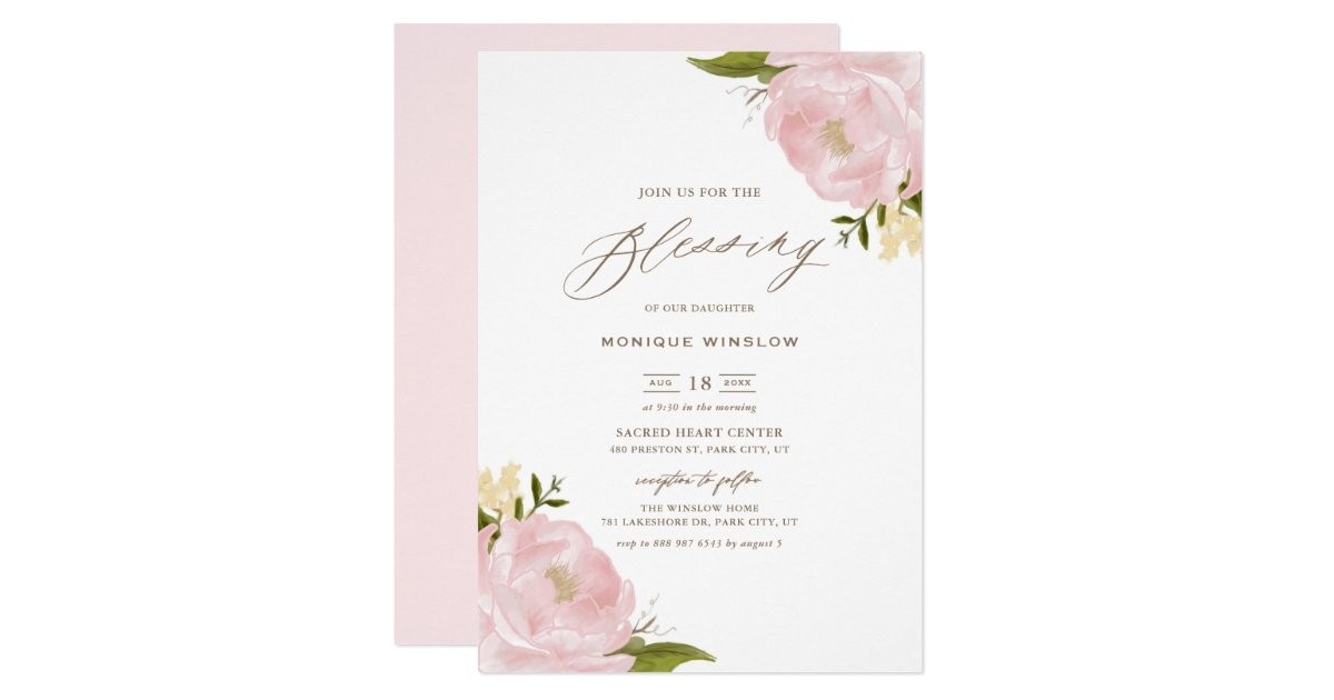 Watercolor Blush Pink Peonies Script Baby Blessing Invitation | Zazzle.com | Zazzle