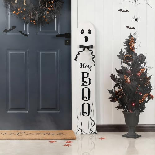 Glitzhome Halloween Reversible Ghost Porch Decor, 42" Solid Wood Double-Sided Sign with Black Bow – Trick or Treat/Hey BOO for Rustic Entryway | Amazon (US)