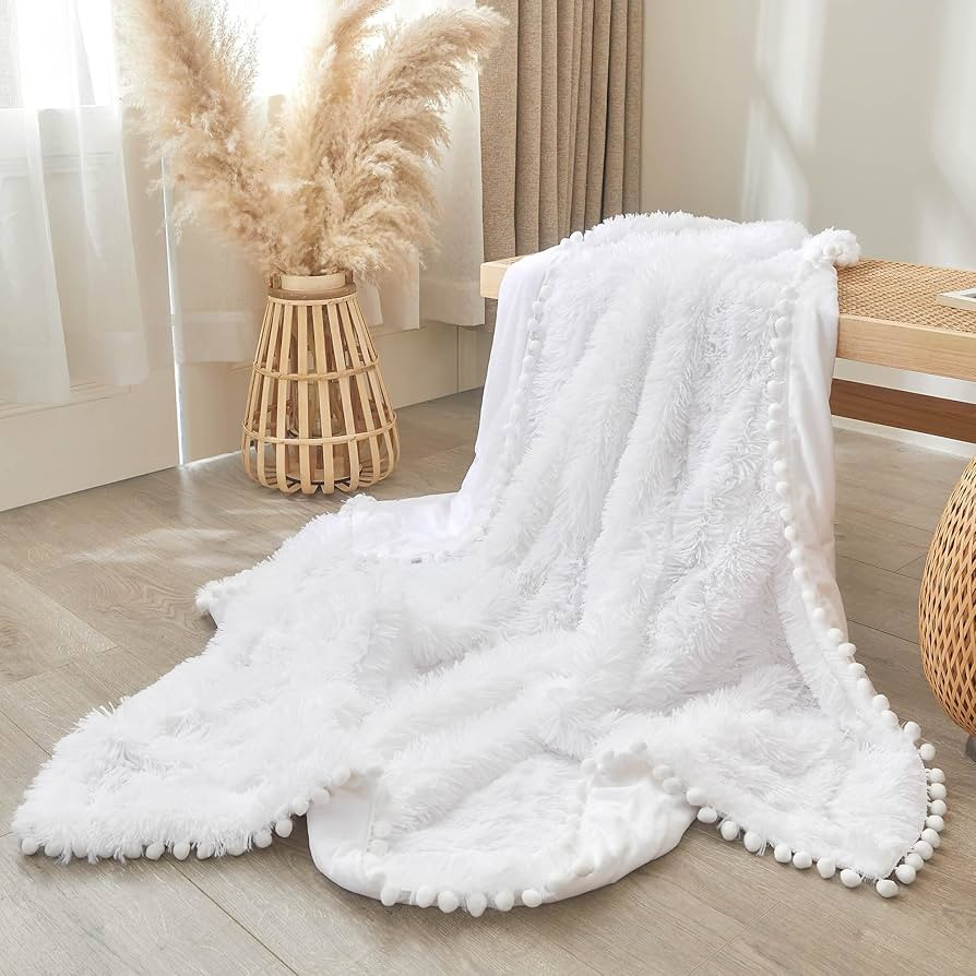 Amazon.com: XeGe Pom-pom Fluffy Faux Fur Bed Throw Blanket, Luxury Soft White Fuzzy Blanket Throw... | Amazon (US)